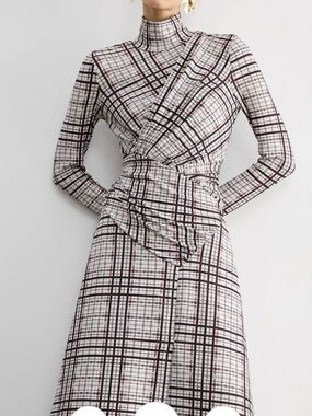 Commense White and Brown Plaid Long-Sleeve Mock Neck Dress